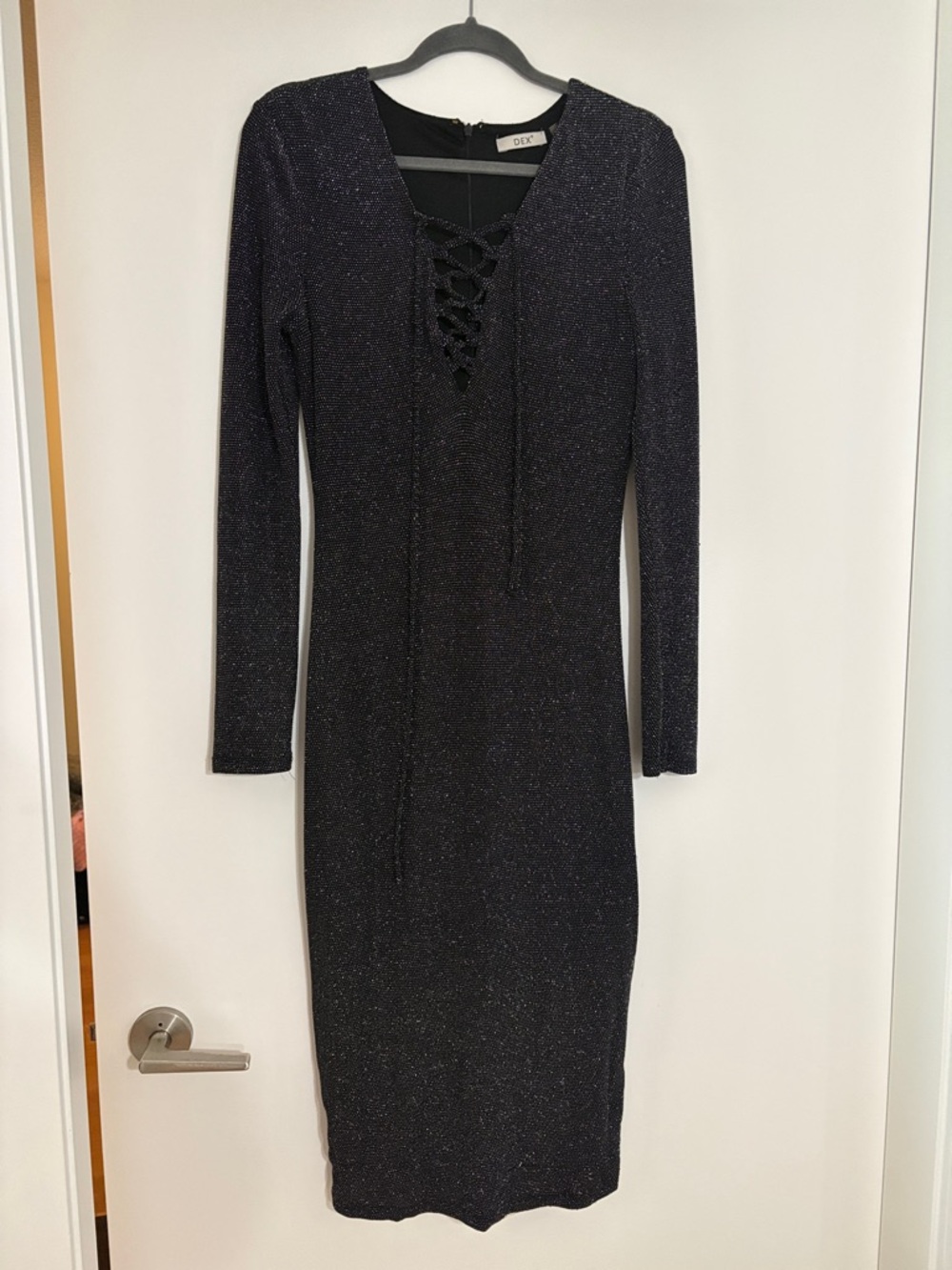 Dex Black Sparkle Lace-Up Long Sleeve Bodycon Dress